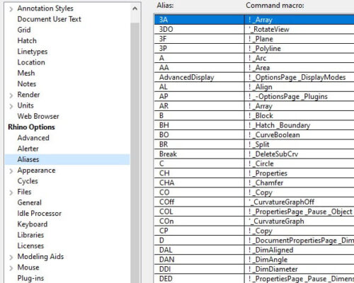Aliases for AutoCAD commands in Rhino