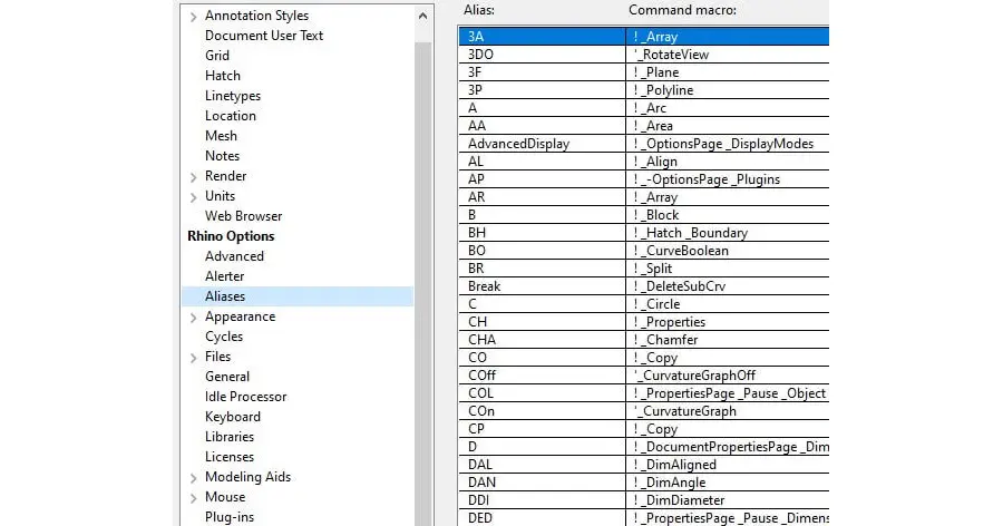 Aliases for AutoCAD commands in Rhino